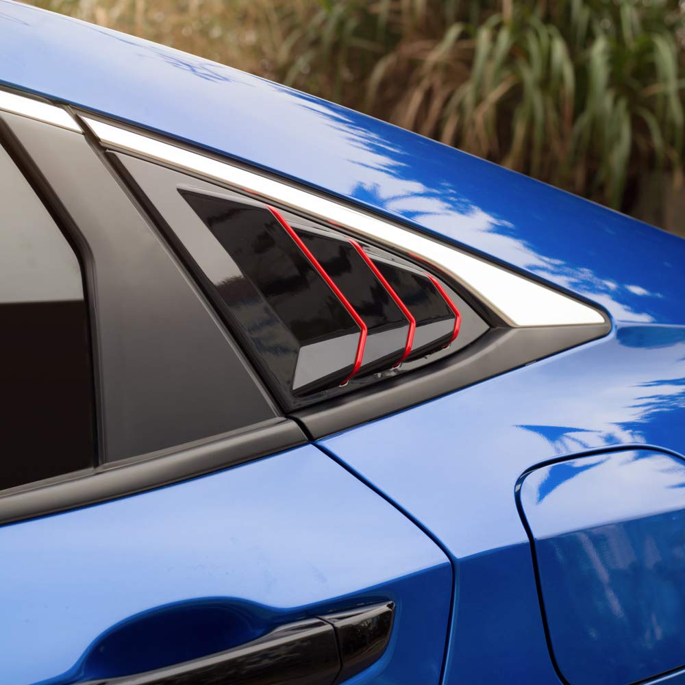 for 10th Gen Civic Rear Side Window Louvers Racing Style Triangular Window Glass Blinds Compatible with Honda Civic Sedan 2021 2020 2019 2018 2017 2016 -Piano Black with Red Trim