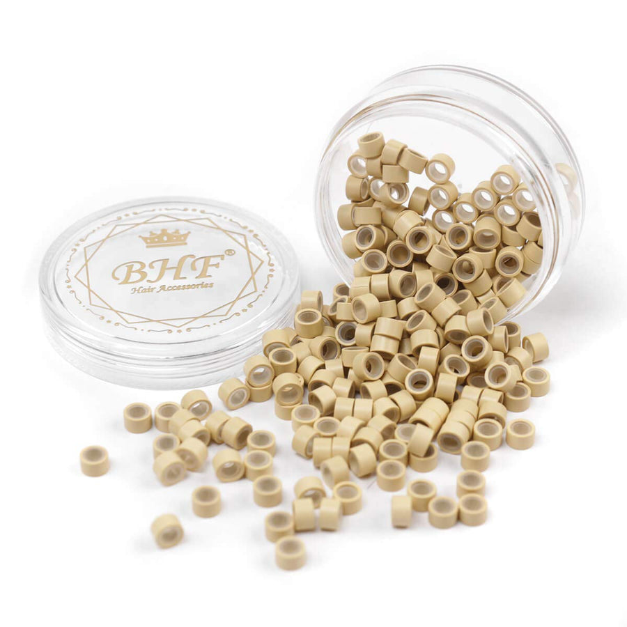 200Pcs Beads Silicone Aluminium Micro Nano Rings 5.0x3.0x3.0 mm Lined For I Tip/Nano Hair Extensions Tool Beads (Blonde Color)