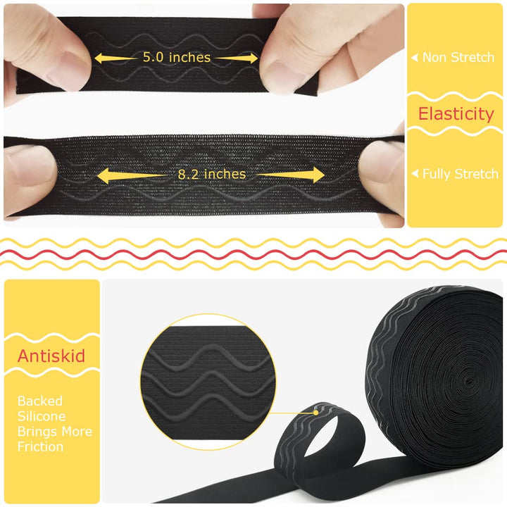 Silicone Gripper Elastic Band, 1.1 Inches Non-Slip Gripper Elastic for Sewing, 12 Yards, Black