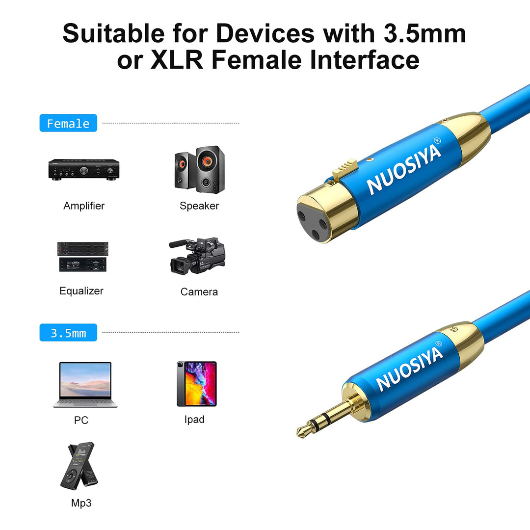 3.5mm to XLR, XLR to 3.5mm Unbalanced Cable Adapter, 6ft 1/8 inch Stereo Microphone Cable Mini Jack Aux to XLR Female Audio Cord, 22AWG Pure Copper Wire Core for Cell Phone, Laptop, Speaker