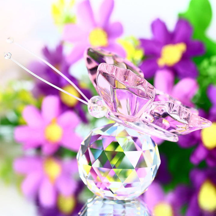 H&amp;D HYALINE &amp; DORA Pink Crystal Flying Butterfly with Crystal Ball Base Figurine Collection Cut Glass Ornament Statue Animal Collectible