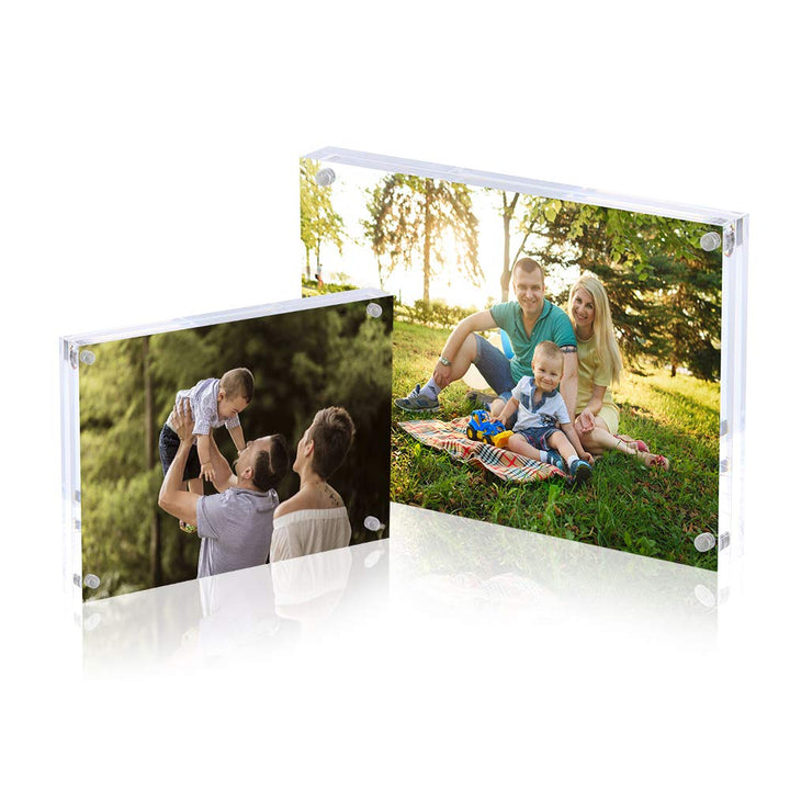 Acrylic Photo Frame 5x7 inches, Free Standing Desktop Double Sided Magnetic Picture Display, 10 + 10MM Thickness Clear Magnet Photo Frame with Microfiber Cloth, Gift Box Package