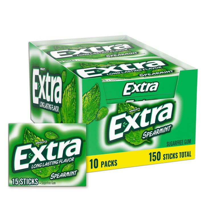 EXTRA Spearmint Sugarfree Chewing Gum, 15 Pieces (Pack of 10)
