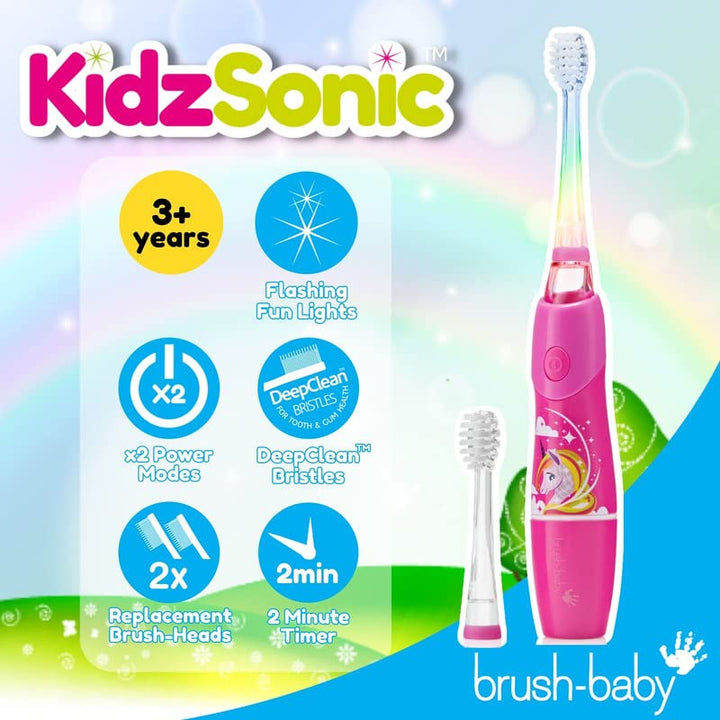 Brush Baby KidzSonic Toddler and Kid Electric Unicorn Toothbrush for Ages 3+ Years - Disco Lights, Gentle Vibration, and Smart Timer Provide a Fun Brushing Experience - 3+ yrs with Brush Heads