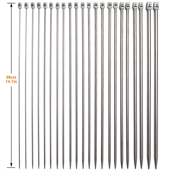 22Pcs Stainless Steel Straight Knitting Needles Set, 2mm-8mm, Long Needles with Markings, Large-Eye Needles, Measure Tape, Kitting Kit for DIY, Travel
