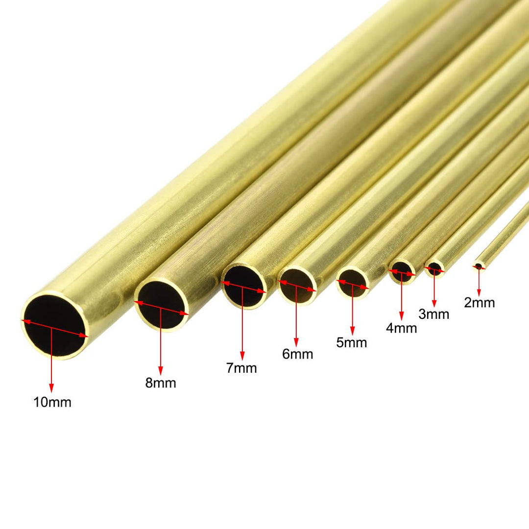 Brass Tube, 2mm 3mm 4mm 5mm 6mm 7mm 8mm 10mm OD x 0.5mm Wall Thickness 300mm Length Seamless Round Pipe Tubing, Pack of 8
