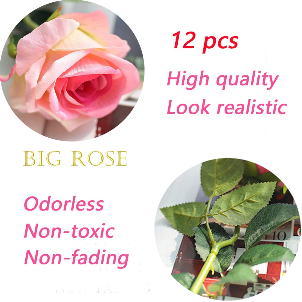 Artificial Silk Rose Flowers 12pcs Real Looking Fake Big Roses Velvet Roses Bridal Bouquet Wedding Home Kitchen Decorations or Gift (Pink and Red)
