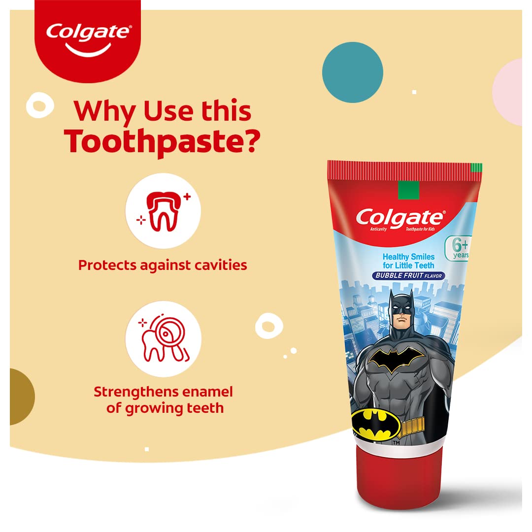 Kids Toothpaste For 6+ Years, Batman, Bubble Fruit Flavour, Gentle Protection, Enamel Protection Tooth Paste With 50% Lesser Abrasive Formula For Protecting Against Cavities, 80 Gram
