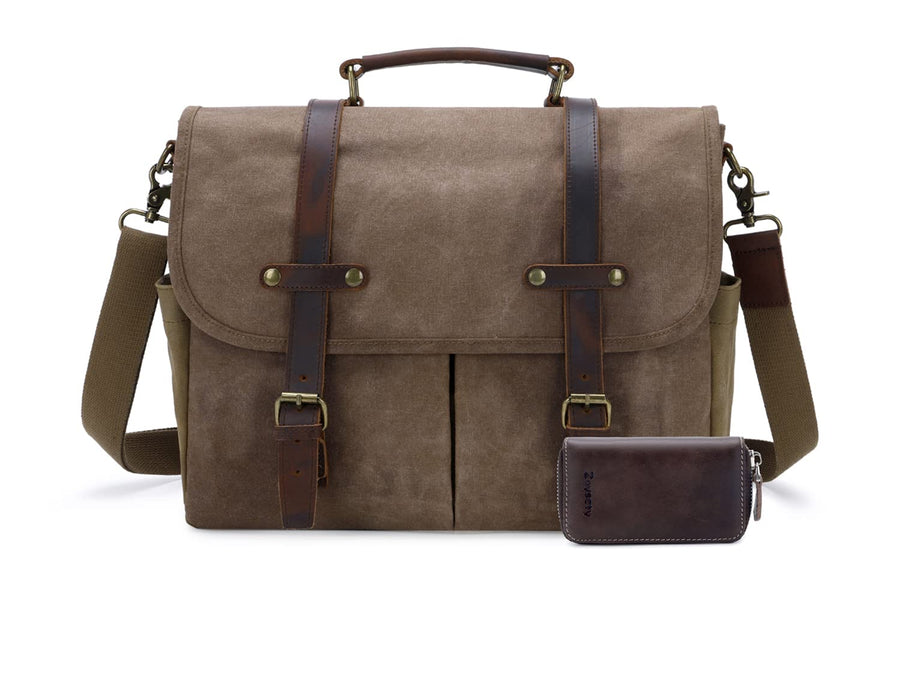 Messenger Bag for Men, 15.6 Inch Waterproof Vintage Genuine Leather Laptop Briefcase Waxed Canvas Large Computer Satchel bag Travel Leather Shoulder Work Bag with Key Bag (Brown)