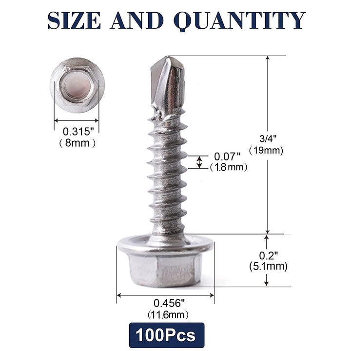 #12 x 3/4 Sheet Metal Screws 100PCS 410 Stainless Steel Hex Washer Head Fast Self Tapping Screws by SG TZH