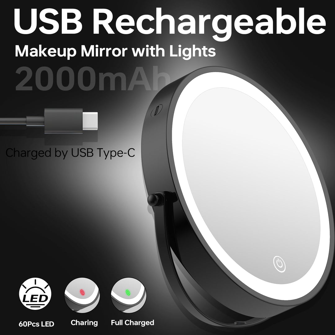 Rechargeable Wall Mounted Lighted Makeup Mirror, Mounted Makeup Magnifying Mirror with Lights,10X LED Vanity Mirror Wall Mounted, 8 Wall Bathroom Light Up Magnified Mirror (Black)