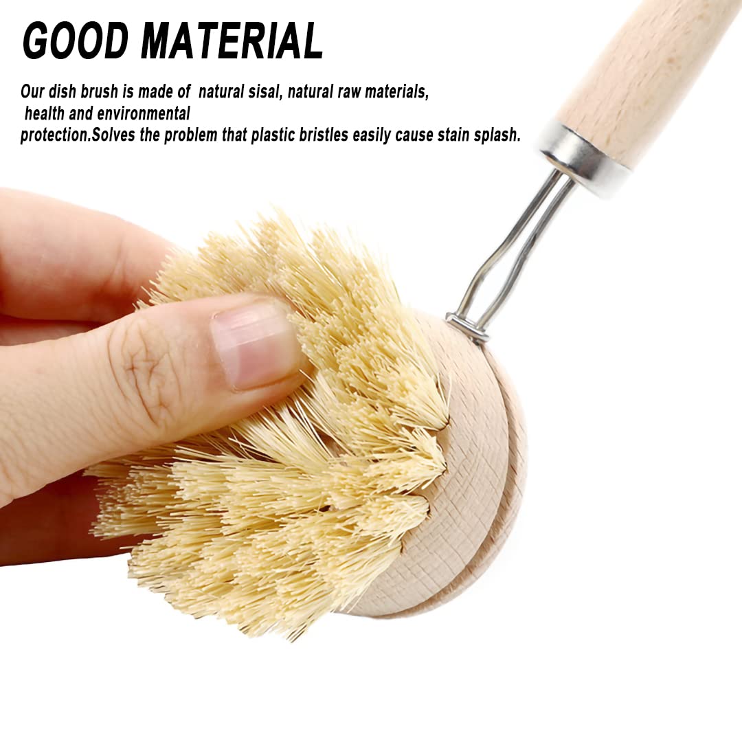 Natural Kitchen Cleaning Brush Set, 4 Pieces, Long Wood