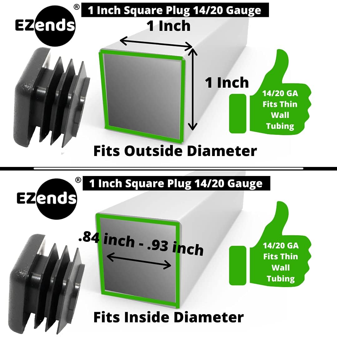 EZends Premium Grade 1 Inch Square Tubing End Caps (20 PK) (14-20 Gauge for Thinner Wall Tubing) Plastic Plugs/End Caps/Plastic End Cap Plugs for Square Tubing/Black Plastic Square Plugs
