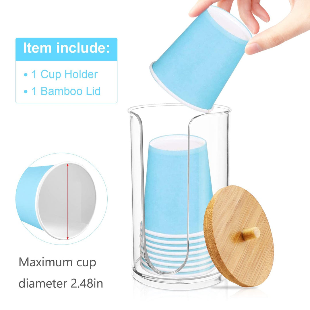 Acrylic Bathroom Cup Dispenser Holder for Disposable Paper Cup with Bamboo Lid, Mouthwash Cups Holder for Bathroom Guest Room Counter-tops (clear 1 pack)