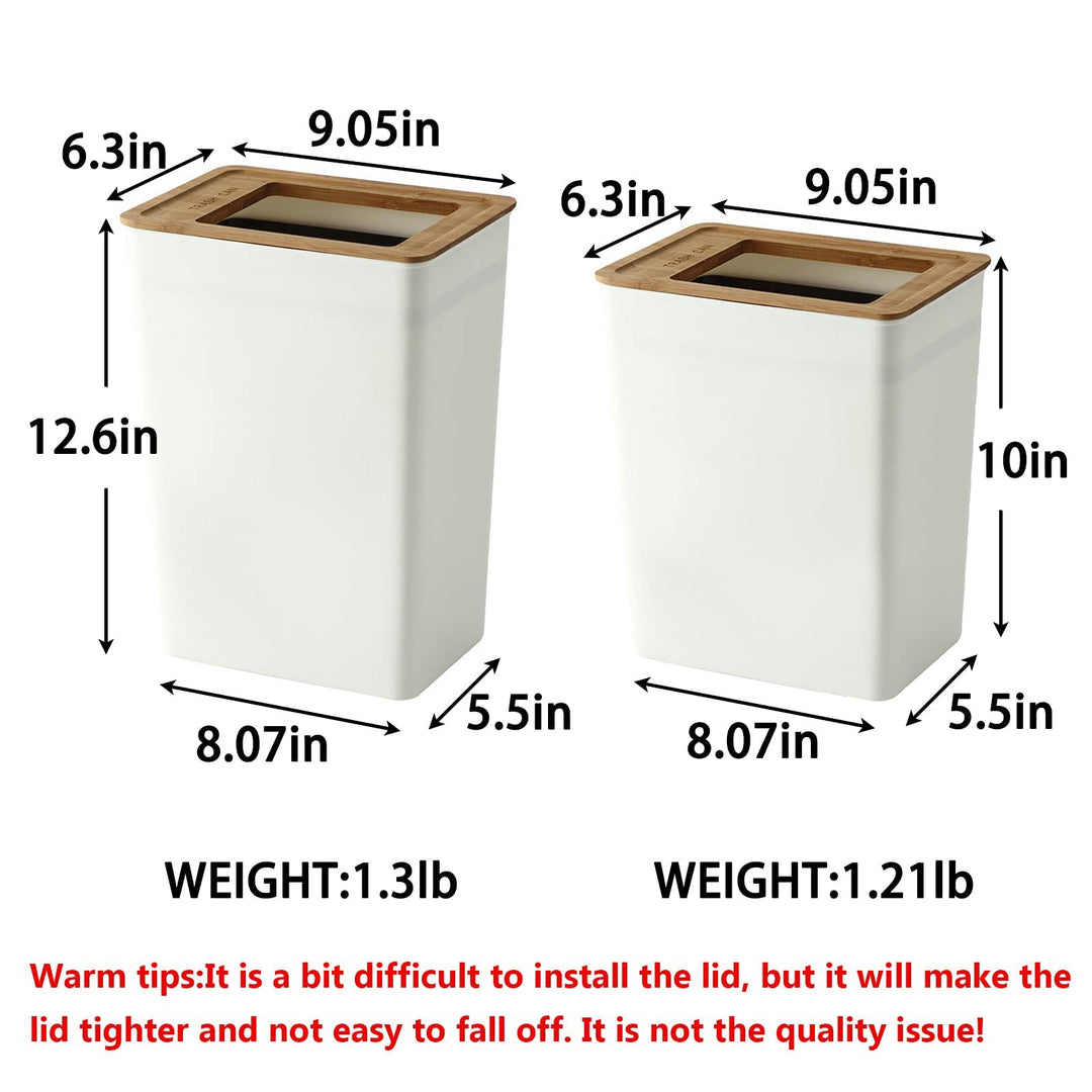 2pcs Slim Plastic Trash Can Set Wastebasket with Wood Lid Rectangular Waste Bin Small Garbage Container White for Home Office Bathroom Kitchen- 2 Gal+2.4 Gallon