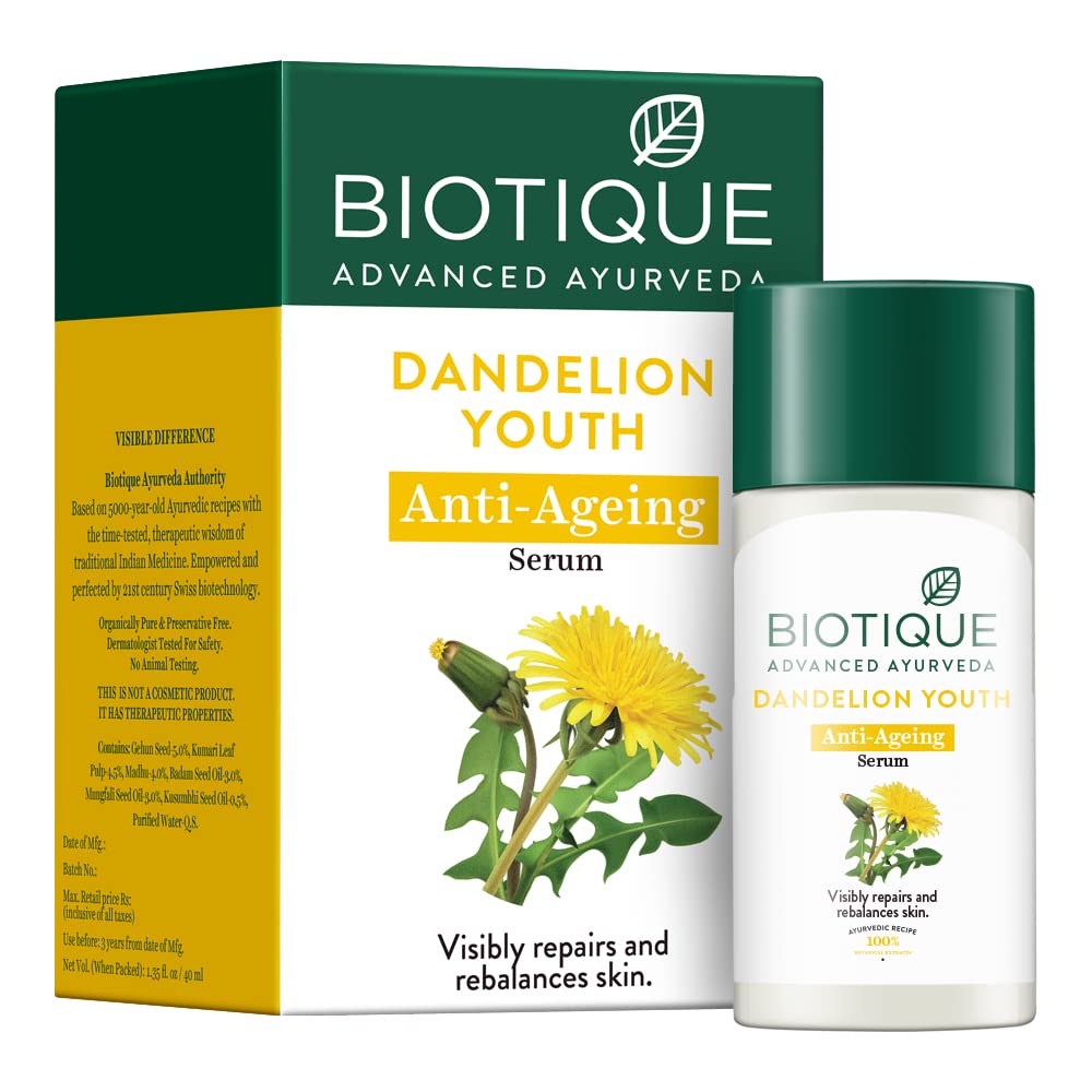 Dandelion Youth Anti-Ageing Serum| Ayurvedic and Organically Pure| Anti-Ageing Serum for Men &amp; Women| Reduces Fine Lines &amp; Wrinkles |100% Botanical Extracts| All Skin Types | 40ml