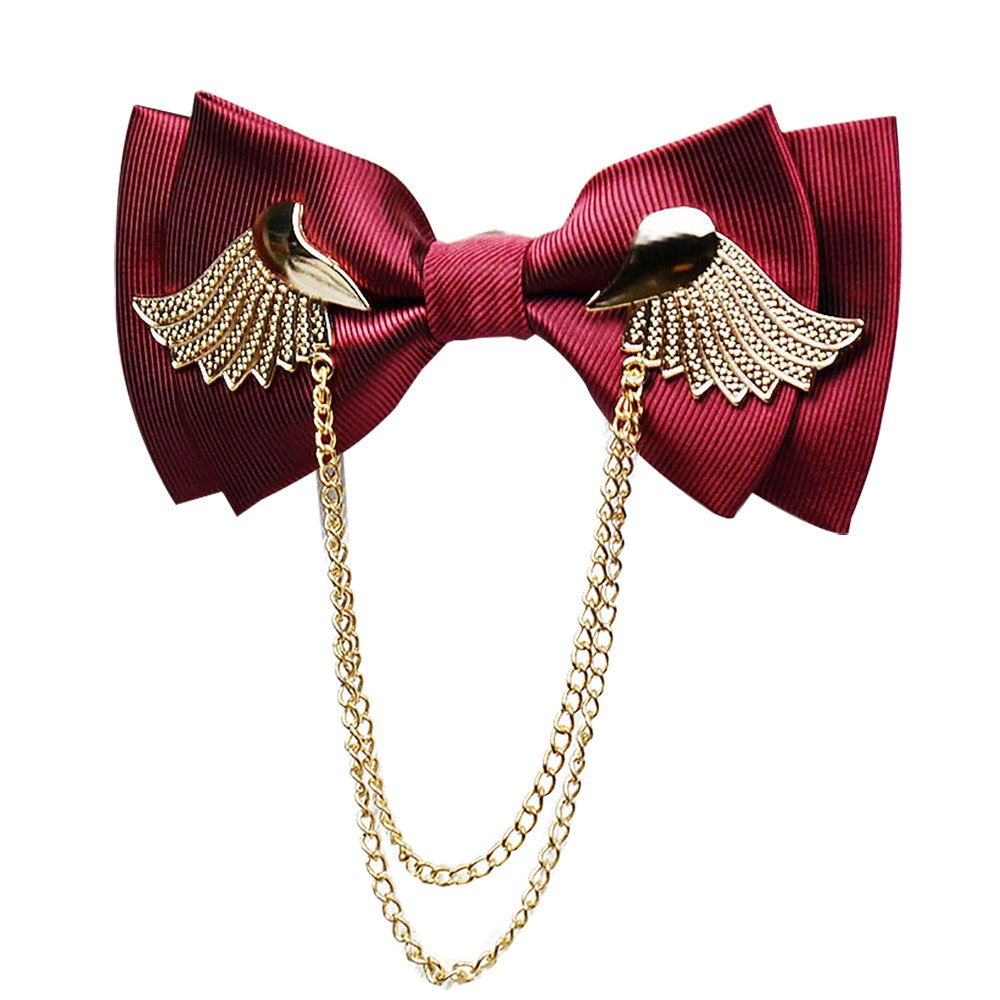 Men’s Tuxedo Adjustable Metal Golden Wings Two Layer Neck Bowtie Bow Tie (Wine Red)