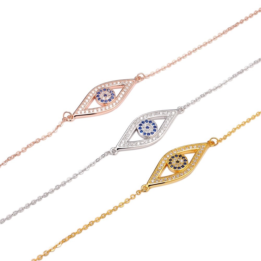 Blue Evil Eye Link Bracelet in Sterling Silver 925 with Cubic Zirconia CZ and 6.5+1 Cable Chain