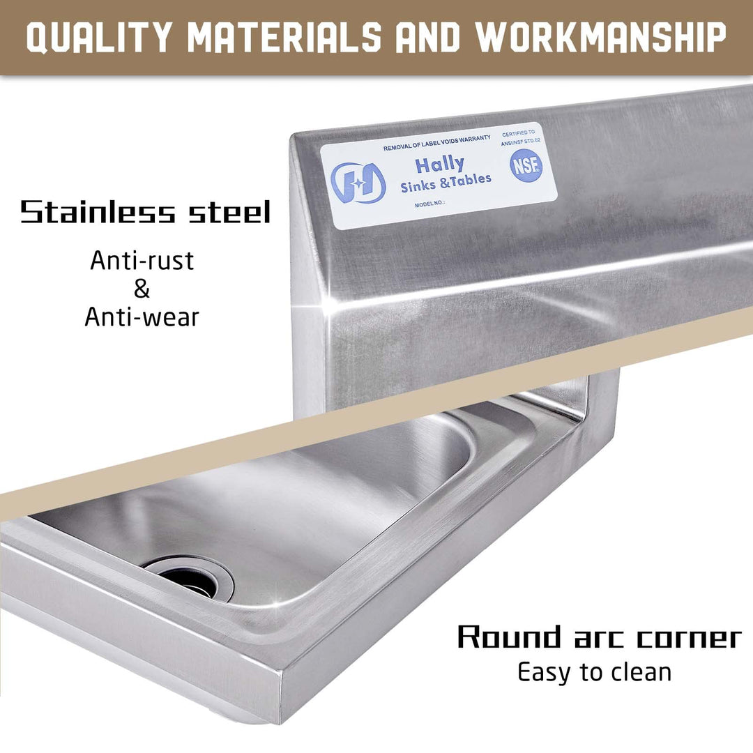 HALLY Stainless Steel Sink for Washing with Faucet, NSF Commercial Wall Mount Hand Basin for Restaurant, Kitchen and Home, 17 x 15 Inches