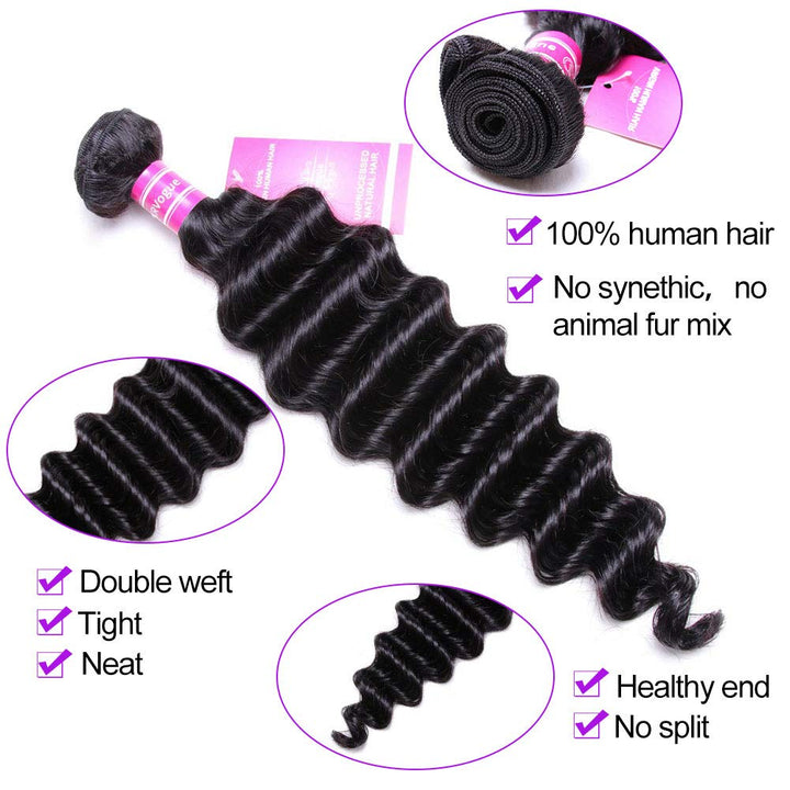 VRVOGUE (12 12 12) Hair Bundles Deep Wave Brazilian Weave Hair Unprocessed Virgin Brazilian Human Hair Weave Bundles Extensions Natural Color Total (10.6 OZ)