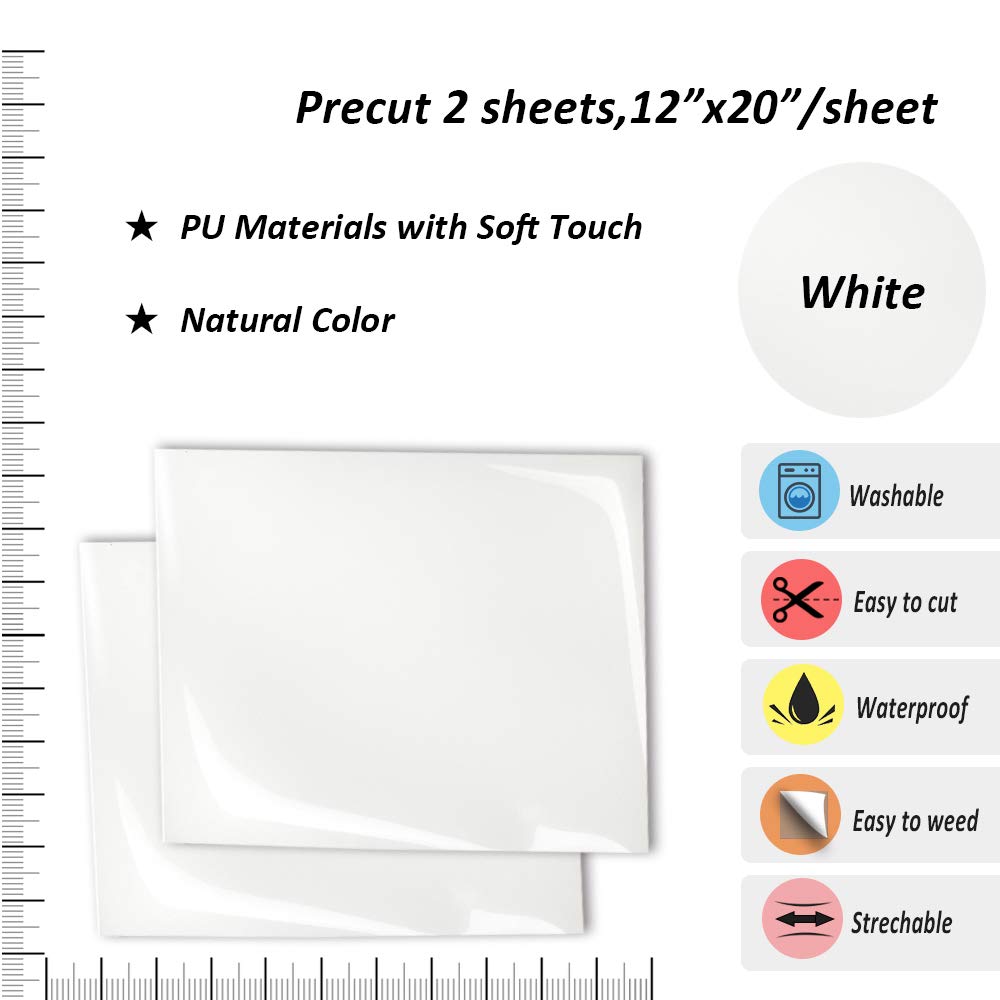 White Heat Transfer Vinyl HTV 2 PCS 12x20/PCS for T-Shirts Clothing Compatible with All Cutting Machines