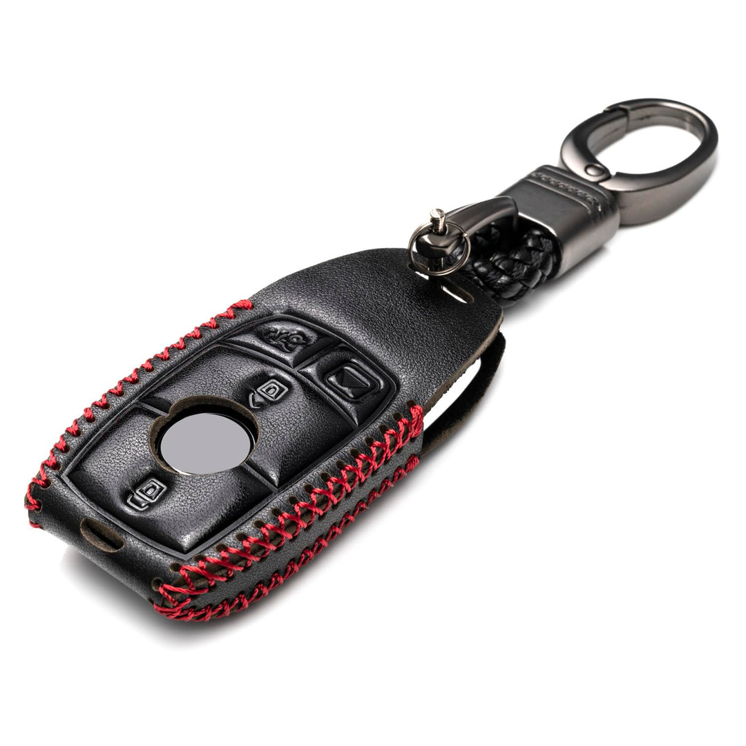 Genuine Leather Smart Key Fob Case with Leather Key Strap Compatible with Mercedes-Benz A, C, E, S, CLA, CLS, GLA, GLB, GLC, GLE, GLS, G Glass 2017-2024 (4-Button, Black/Red)