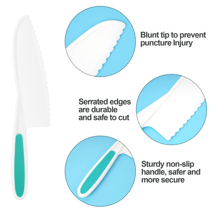 Kids Knife 4-Piece with Cutting Board - Toddler Knife Set Children&#39;s Cooking Nylon Knives - Serrated Edges and Firm Grip Suitable for Cutting Salad, Fruit, Cake, Lettuce (3 Sizes &amp; Colors)