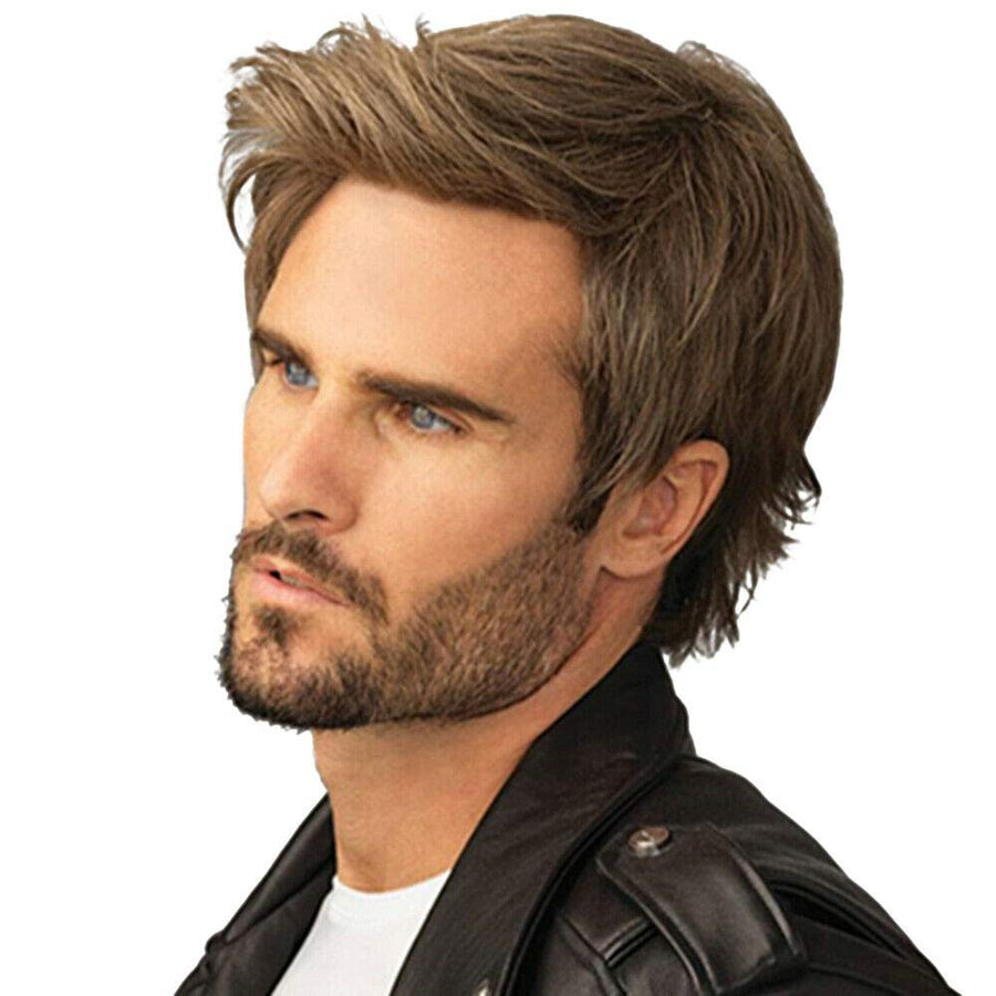 Mens Wigs Short Straight Brown mix Natural Synthetic Cosplay Hair Wigs for Male Guy