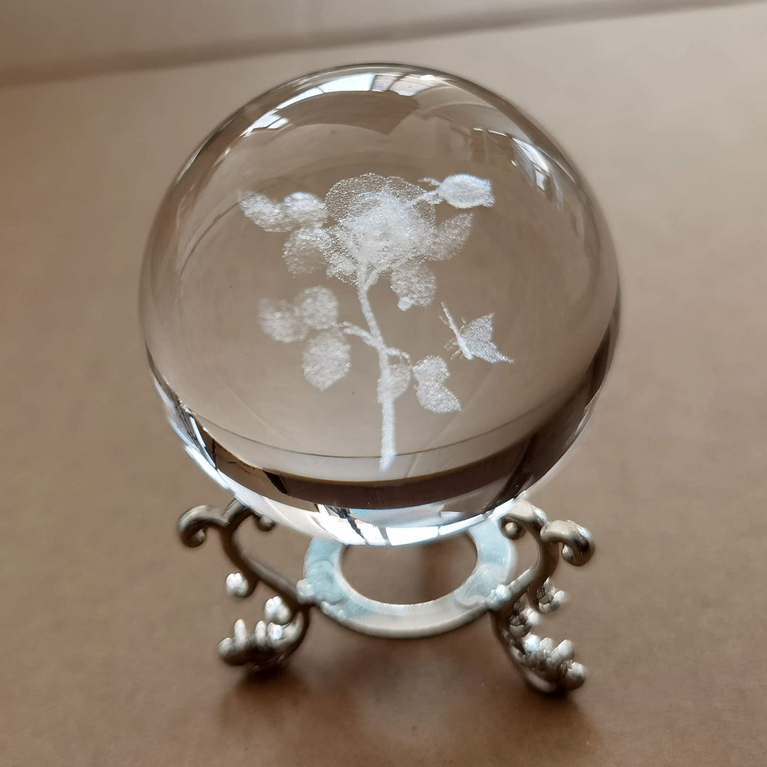 2.36in 3D Engraving Crystal Rose Flower Figurine with Butterfly Crystal Ball Paperweight with Stand Base for Girls or Women