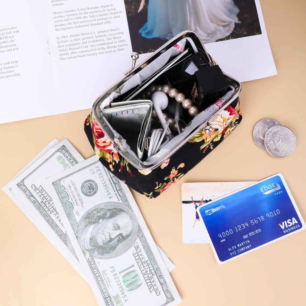 Coin Purse,Rose Flower Change Purse,Small Coin Pouch,Kiss LockCoin Wallet for Women Girl