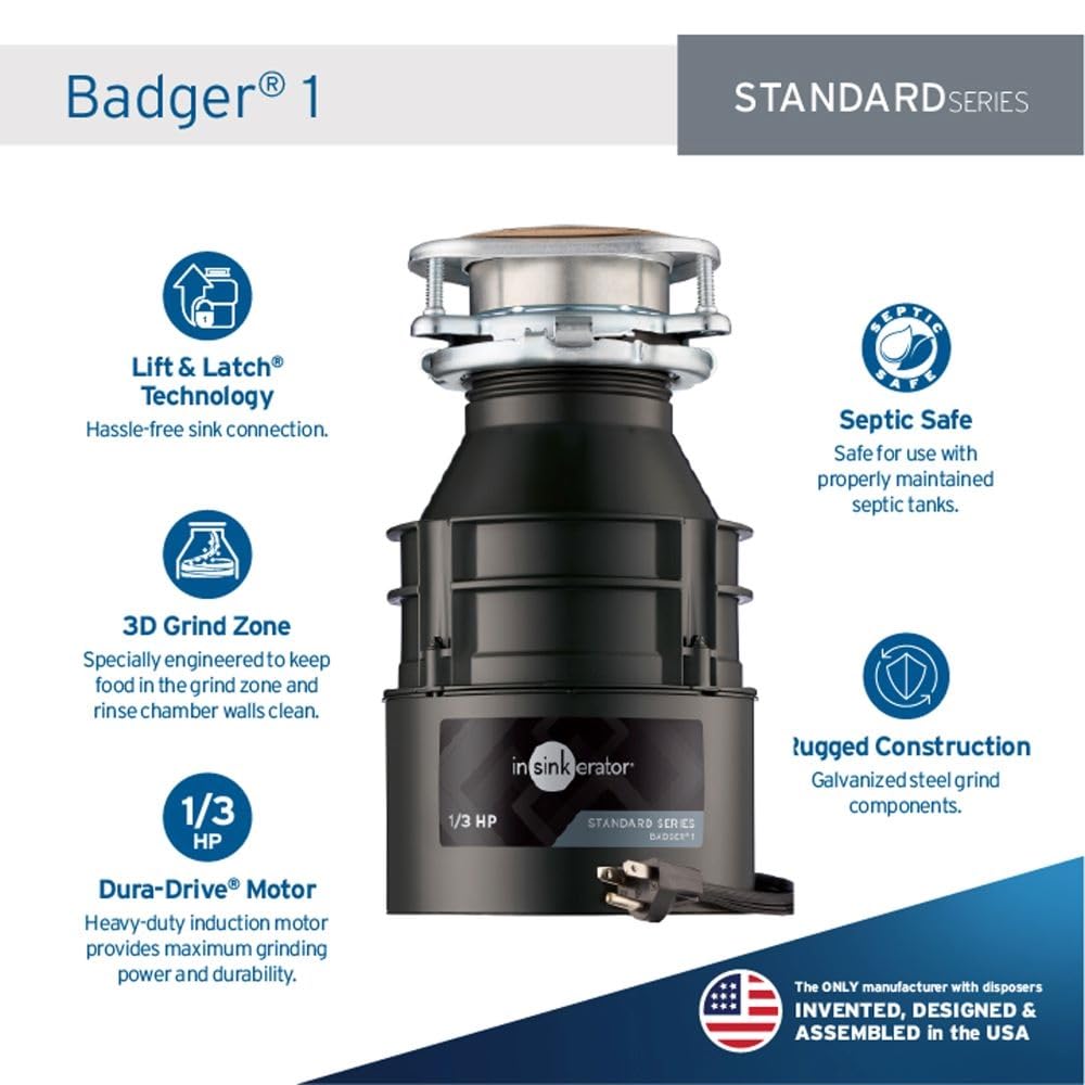 Insinkerator BADGER1CORD Household Food Waste Disposer with Cord, 1/3 Horsepower, Grey