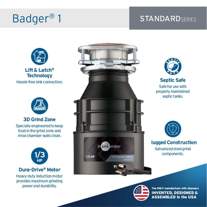 Insinkerator BADGER1CORD Household Food Waste Disposer with Cord, 1/3 Horsepower, Grey