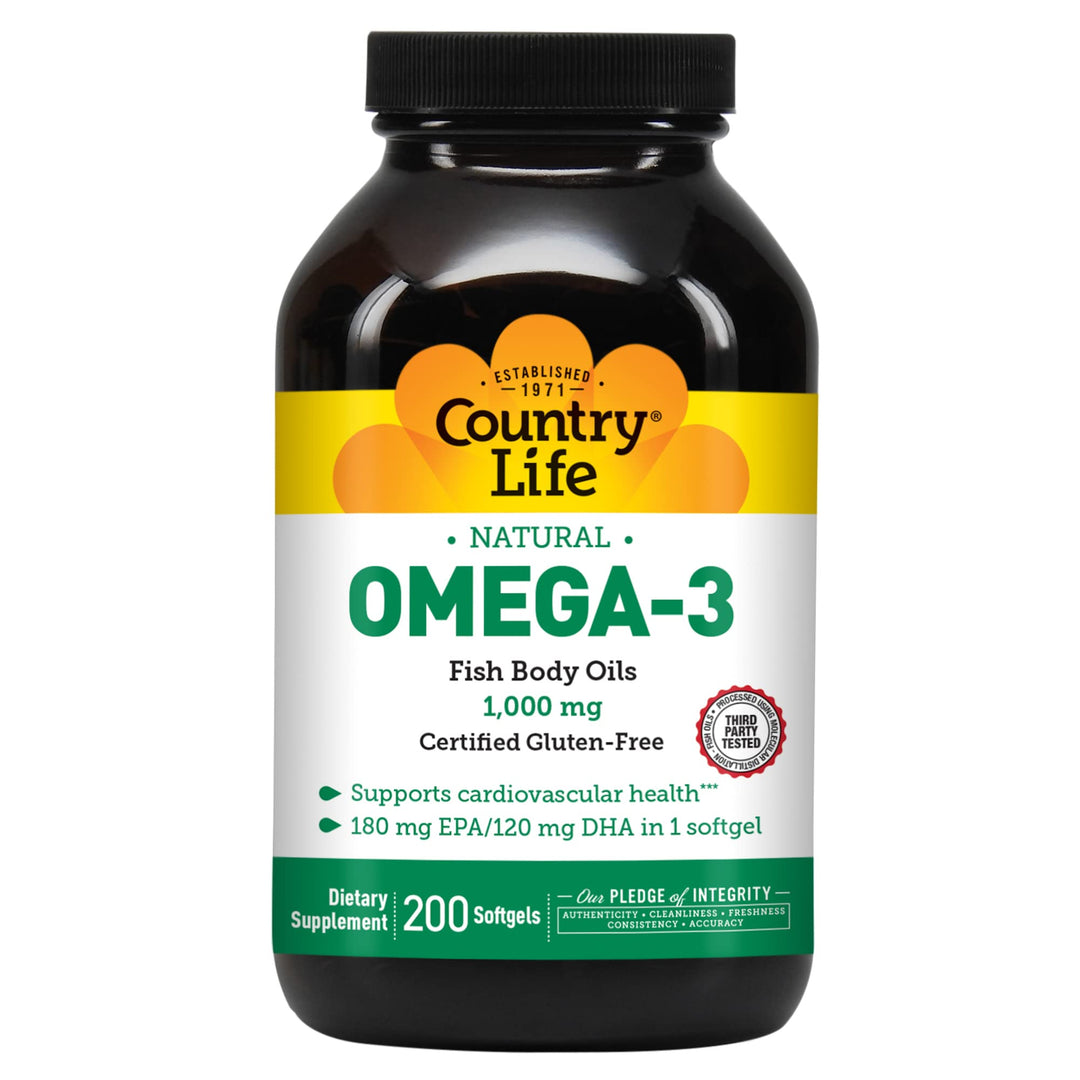 Omega-3 Fish Oil Supplement, 1000mg, 180mg EPA &amp; 120mg DHA, Fish Oil Concentrate, Burpless, 200 Softgels, Certified Gluten Free
