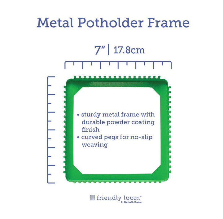 Friendly Loom 7 Potholder Kit Green Metal Loom and Bright Rainbow Color Cotton Loops, Makes 2 Potholders, MADE IN THE USA .