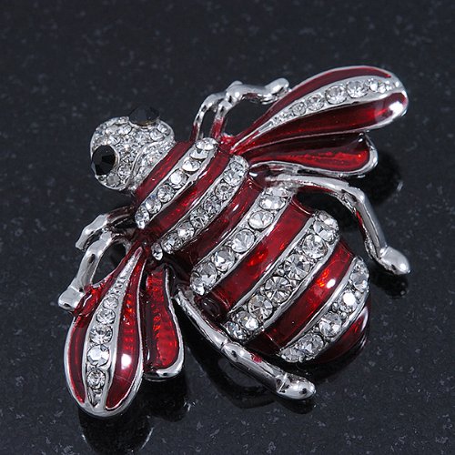 Cute Clear Crystal Burgundy Enamel &#39;Bee&#39; Brooch in Rhodium Plating - 5cm Width