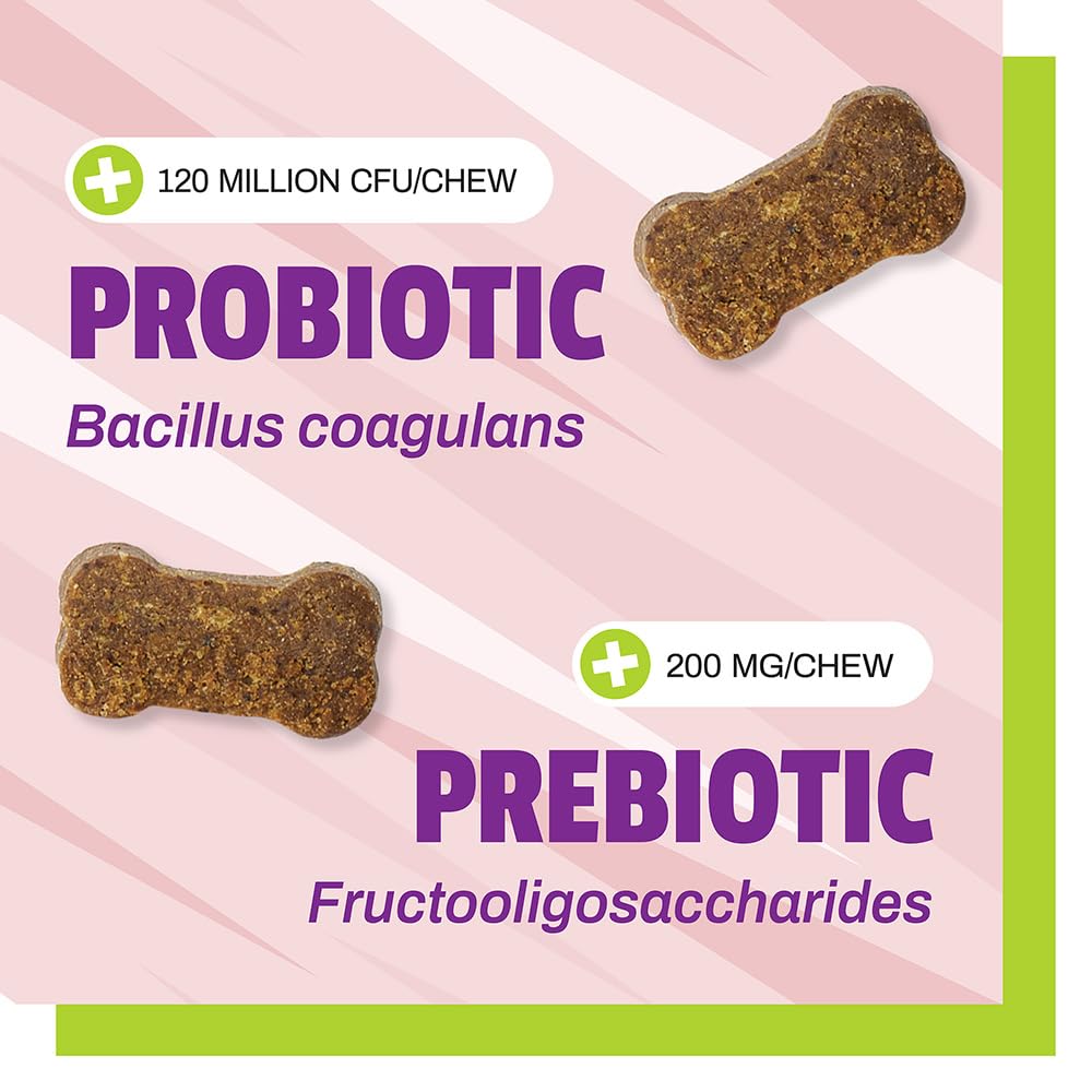 Daily Probiotic for Dogs, 120M CFUs - Pre and Probiotics for Dogs Digestive Health, Gut Health, Immune Support, Diarrhea, Allergies and Itching - 60 Chews, Duck Flavor