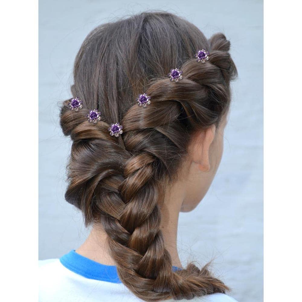 Purple Set: Insowni 40Pcs Bridal Wedding Rhinestone Rose Flower U-Shaped Hair Pins &amp; 6Pcs Twist Pearl Hairpins Headpiece Set In Gift Box For Women Girls Bridesmaid (Purple Set)