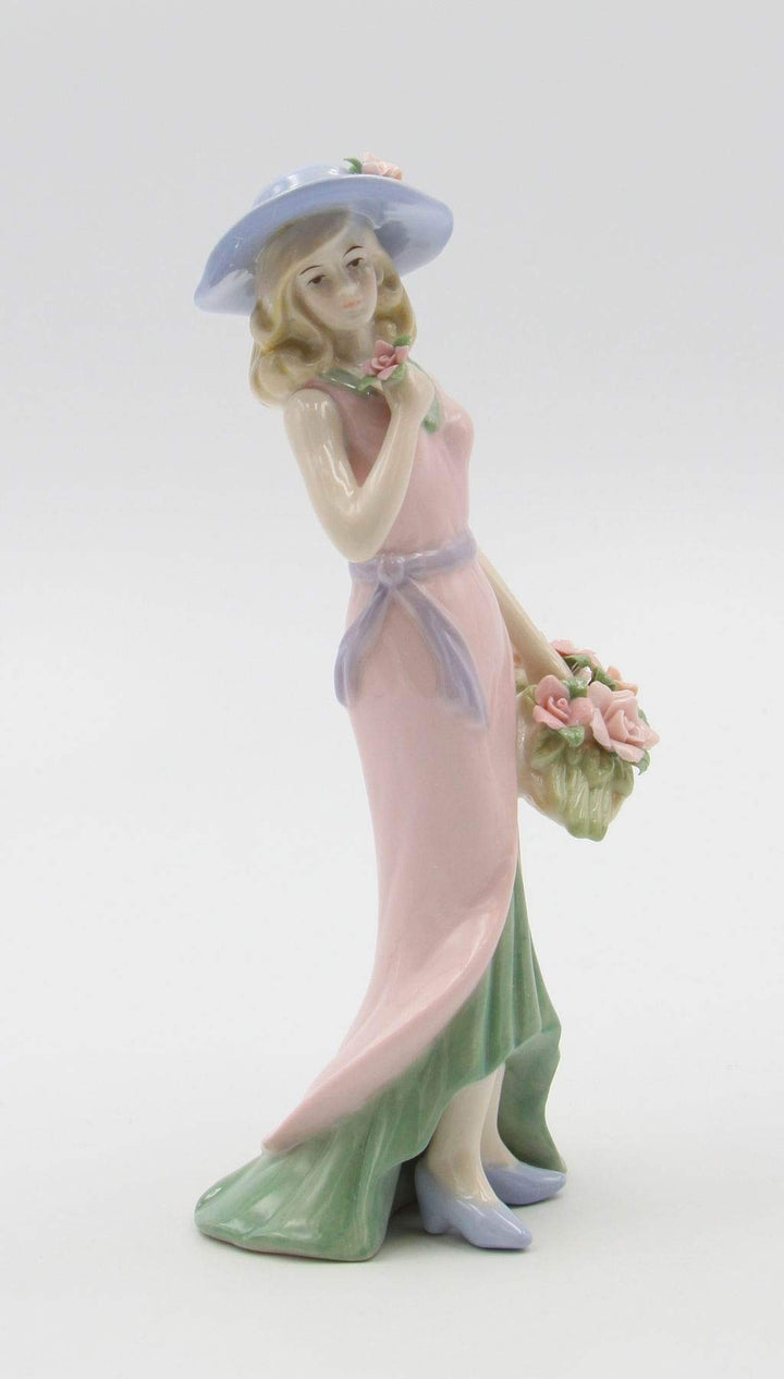 Fine Porcelain Lady with Pink Rose Bouquet Basket Figurine, 7-7/8 H