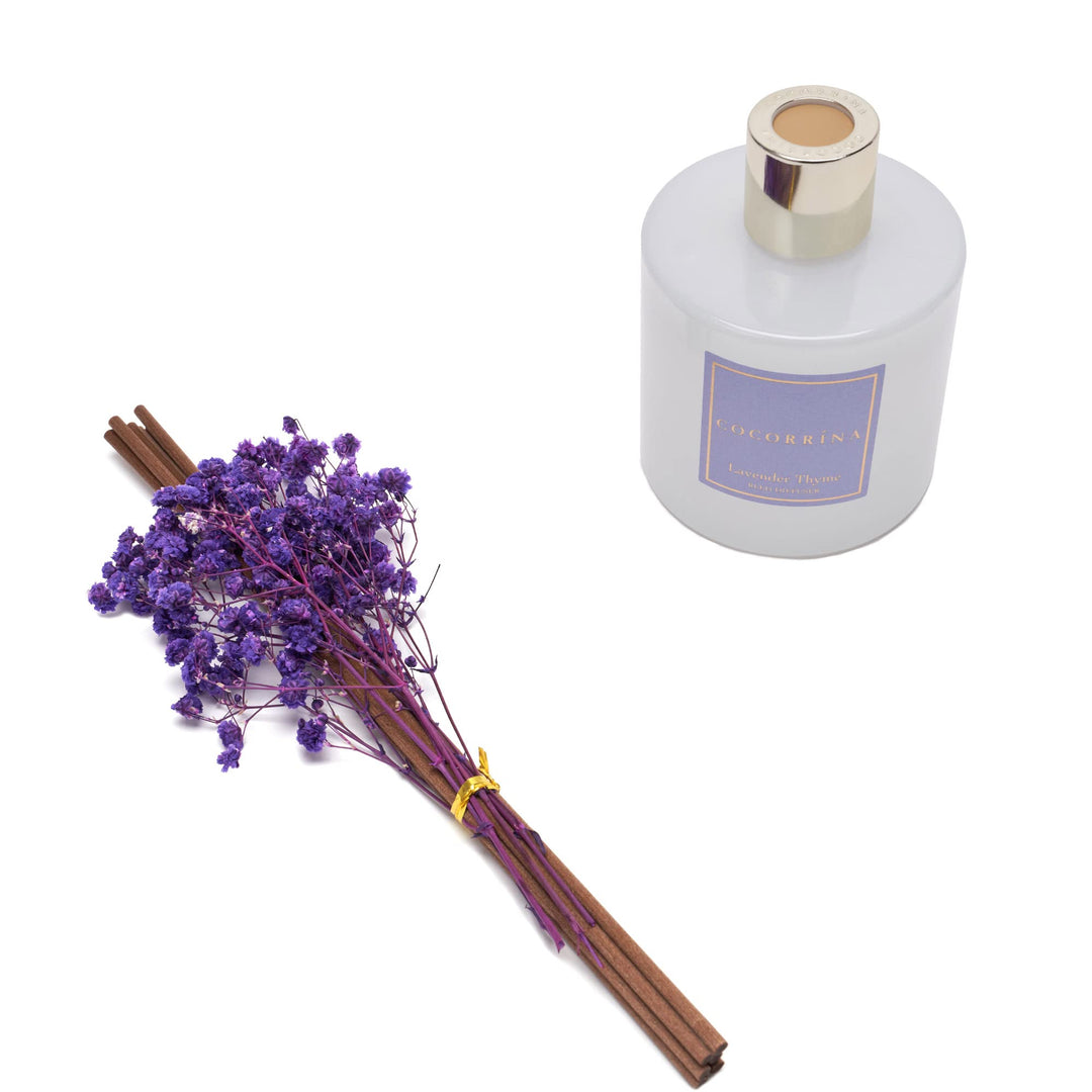 Cocorrína Premium Reed Diffuser Set with Preserved Baby&#39;s Breath &amp; Cotton Stick Lavender Thyme | 6.7oz Scent Fragrance Lavender Oil Diffuser for Bedroom Bathroom Home Décor