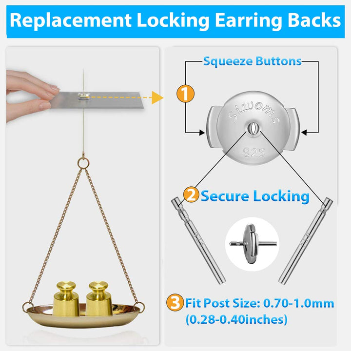 2-Pairs Silver Locking Earring Backs Secure for Diamond Studs, Hypoallergenic Replacements Earring Backings for Notched Post (7mm)
