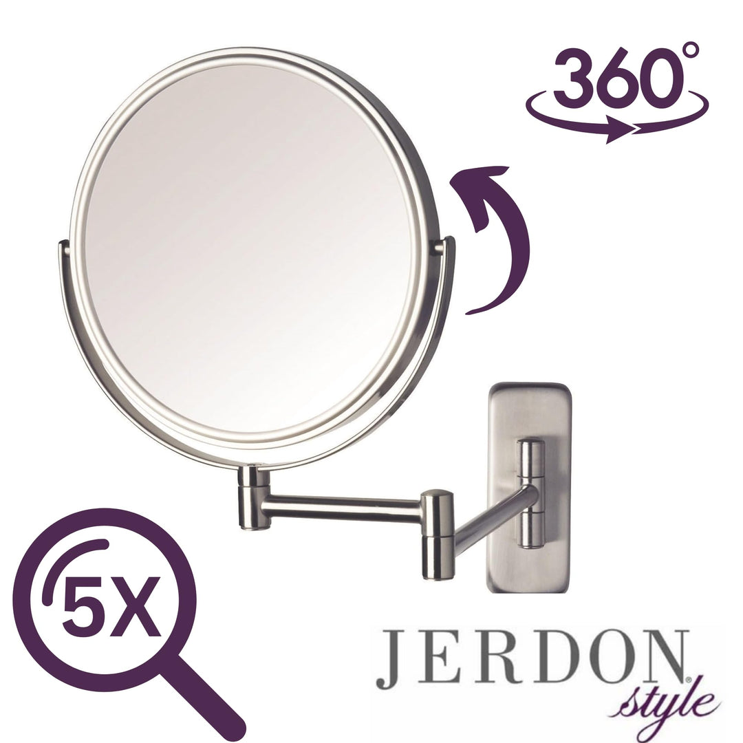 JP7506N 8-Inch Wall Mount Makeup Mirror with 5x Magnification, Nickel Finish