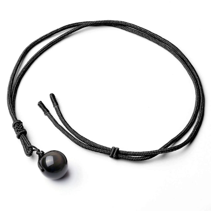 16mm Natural Black Obsidian Rainbow Eyes Stone Lucky Blessing Chakra Beads Pendant Necklace with Adjustable Braided Rope Cord