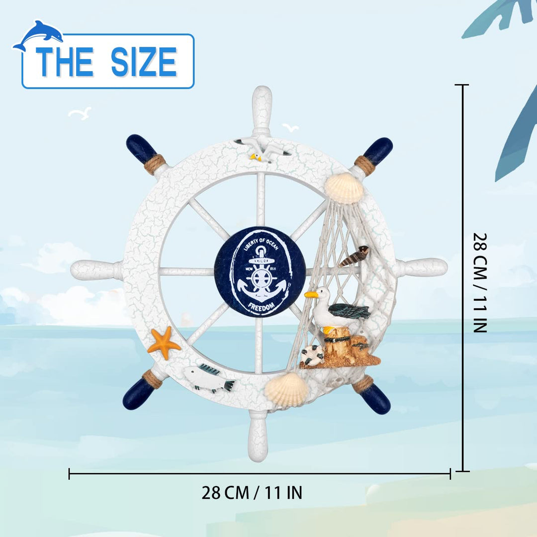2 Pack 11 Nautical Beach Wooden Ship Wheel and 11 Wooden Anchor with Rope Nautical Boat Steering Wheel Rudder Anchor Wall Art Decor Door Hanging Ornament Beach Theme Home Decoration(White&amp;Blue)