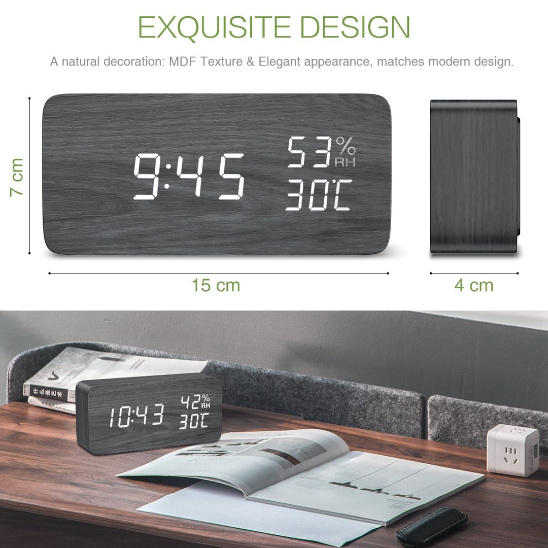Digital Wooden Alarm Clock, Electronic LED Desktop Clock with Temperature Humidity Time Display, 3 Alarm Settings, Voice Control, 3 Levels Adjustable Brightness for Home, Bedroom, Office