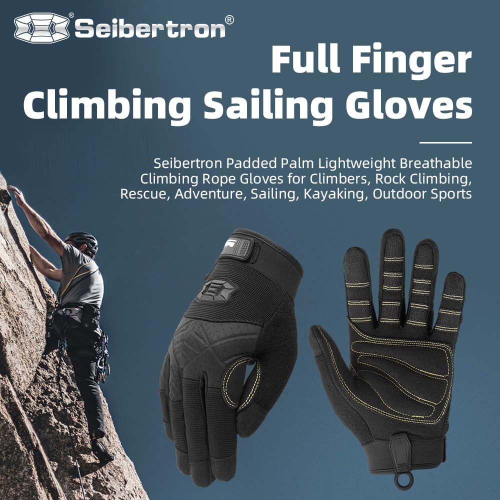 Full Finger Padded Palm Lightweight Breathable Climbing Rope Gloves for Climbers, Rock Climbing, Rescue, Adventure, Sailing, Kayaking, Outdoor Sports Black L