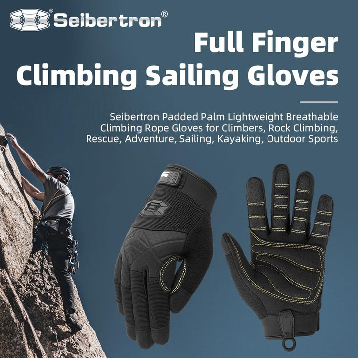 Full Finger Padded Palm Lightweight Breathable Climbing Rope Gloves for Climbers, Rock Climbing, Rescue, Adventure, Sailing, Kayaking, Outdoor Sports Black L