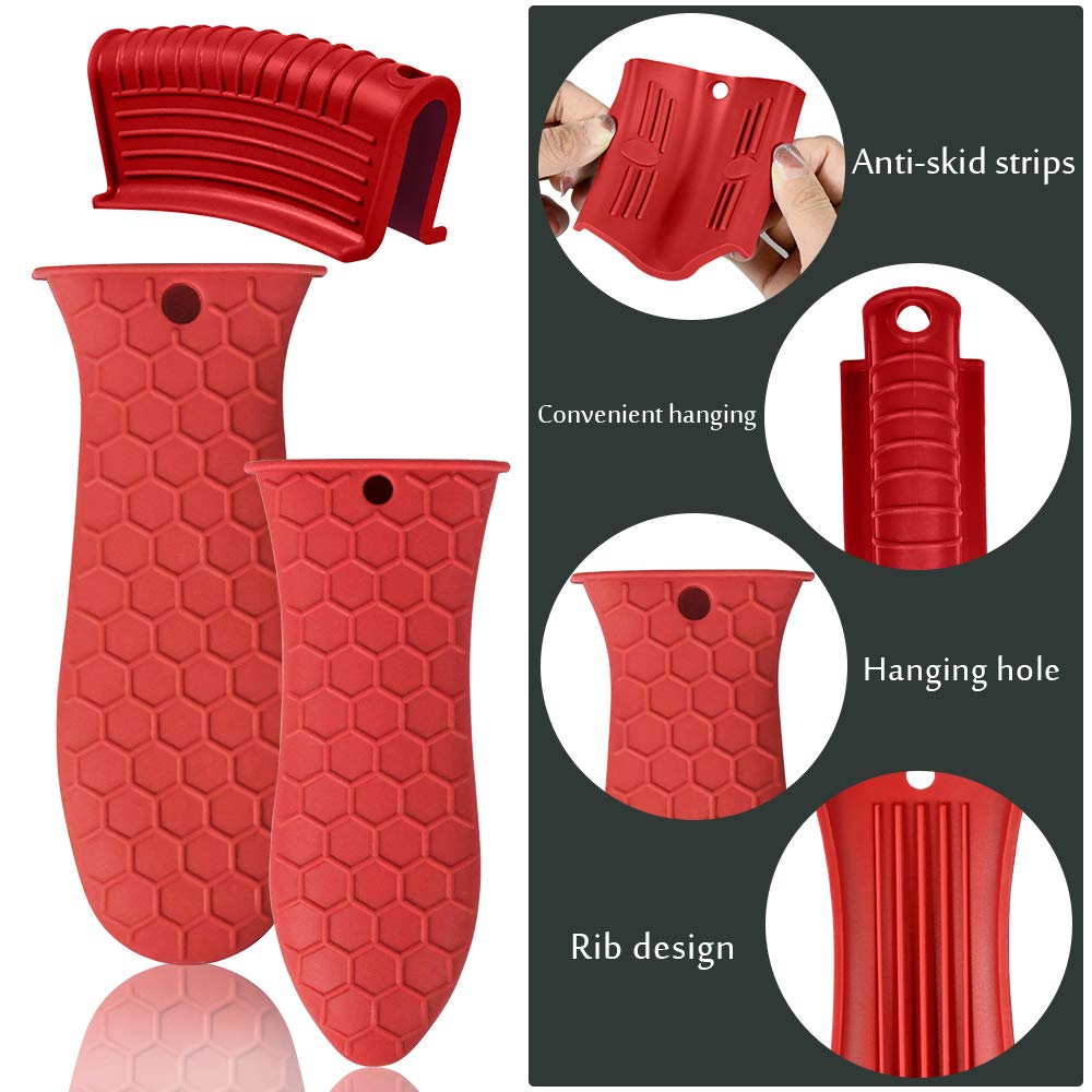 Silicone Hot Handle Holder, Heat Resistant Potholder Cookware Handle Cast Iron Skillets Handles Grip Covers for Cast Iron Skillet (Red)