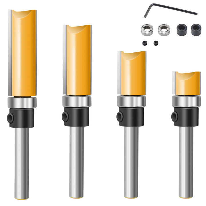 Flush Trim Router Bits Set 1/4 Inch Shank Shank Top Bearing Pattern Router Bit 1/2 Cutting Diameter Carbide Bits for Trim Shelf Edging, Veneer or Laminates