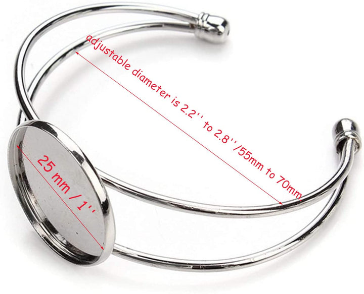 10 Pcs 25 mm Adjustable Round Cabochon Bezel Tray Blank Bangle for Crafting DIY Bracelets Making(Silver)