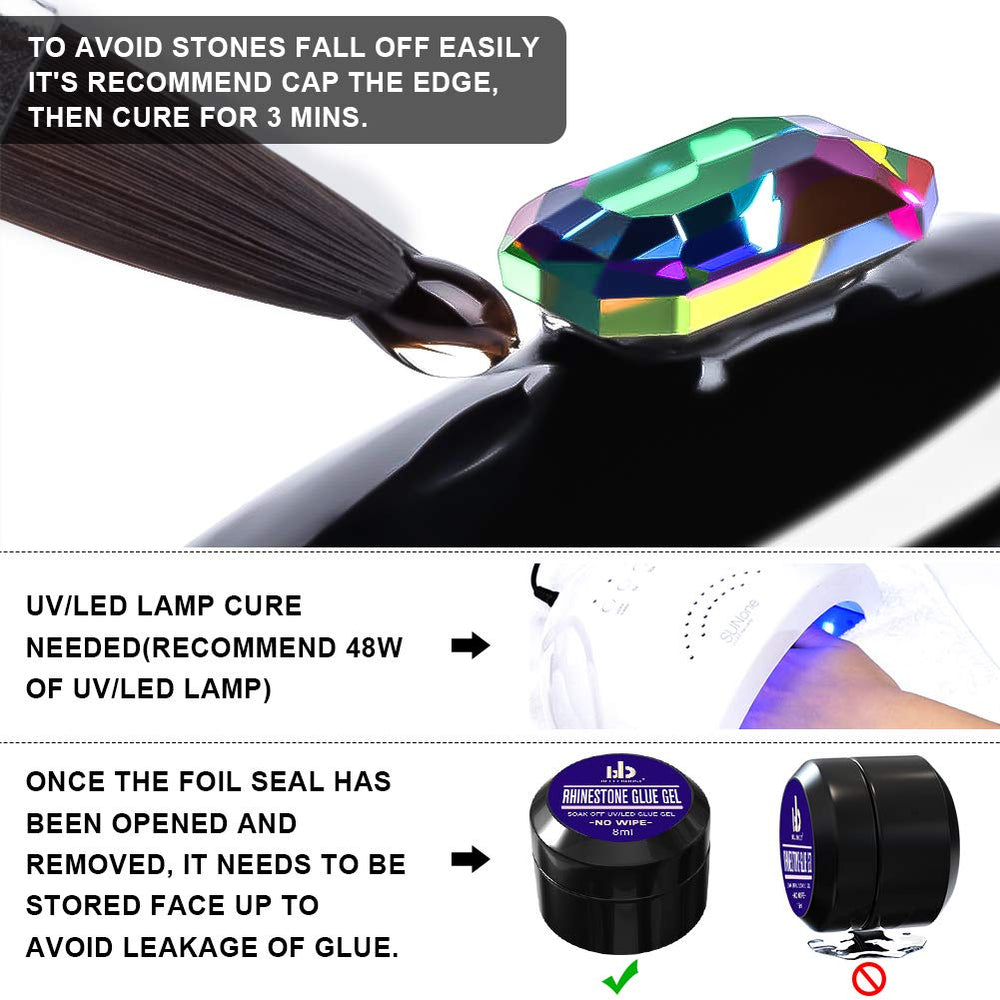 Nail Art 15ml NO WIPE Rhinestone Glue Gel Kit(LED Light Cure Needed) Adhesive Resin Gem Stone Jewelry Beads Diamond Gel Nail Polish Clear Decoration With Nail Rhinestones(Crystal+Acrylic+Rivet)+tools